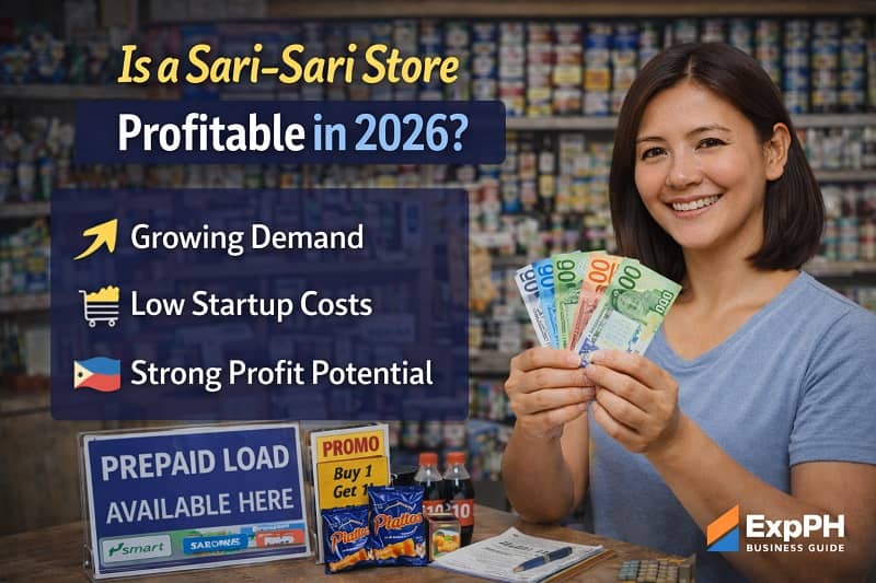 Filipina sari-sari store owner holding cash with stocked shelves and customers in background showing profitability of small business in the Philippines