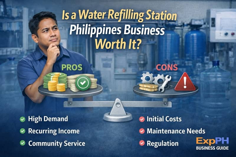 Filipino entrepreneur analyzing pros and cons of starting a water refilling station business with filtration equipment in the background