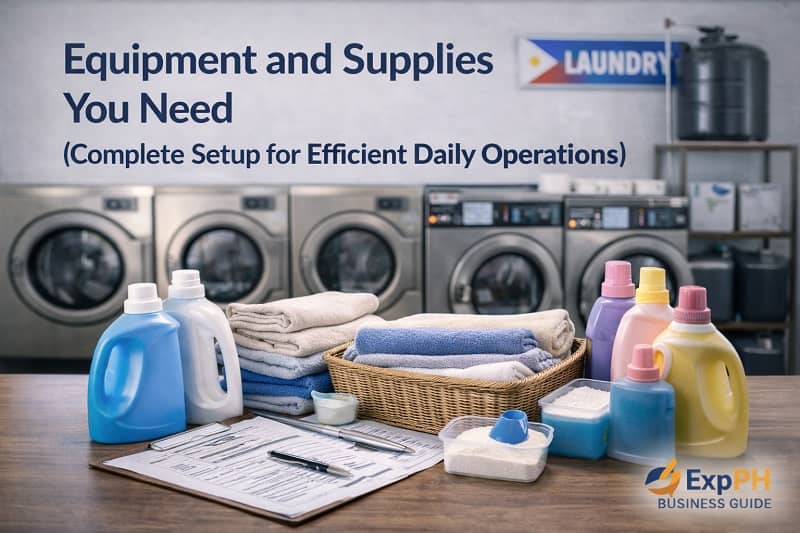 Laundry business equipment and supplies in the Philippines including washing machines dryers detergent and organized workspace in a modern laundromat