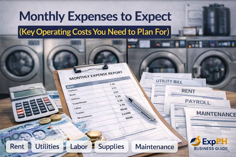 Laundry business monthly expenses in the Philippines showing utility bills cash calculator and laundromat setup with washing machines