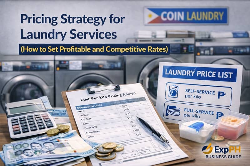 Laundry pricing strategy in the Philippines showing cost calculation price list and laundry shop setup with machines and detergent