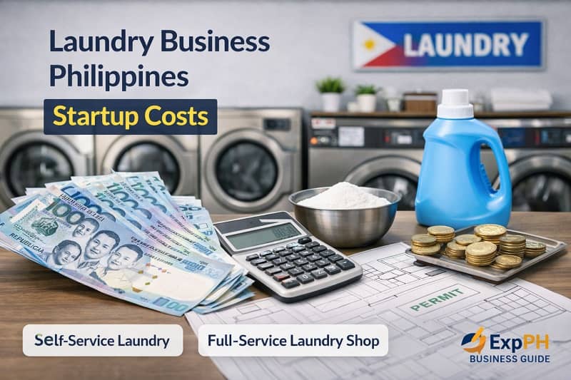 Laundry business startup costs in the Philippines showing washing machines detergent supplies and budget planning in a modern laundromat