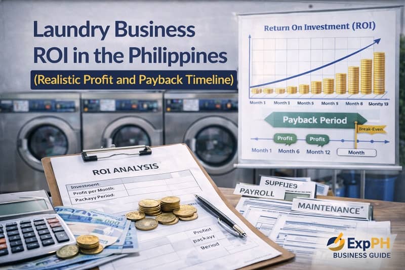 Laundry business ROI in the Philippines showing profit calculation growth chart and laundromat setup with washing machines