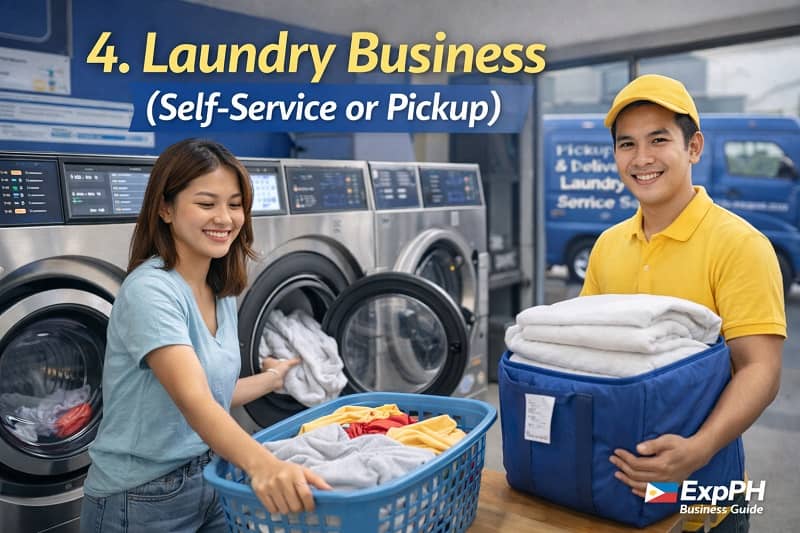 Filipino laundromat with customer using washing machine and staff holding folded laundry for pickup service