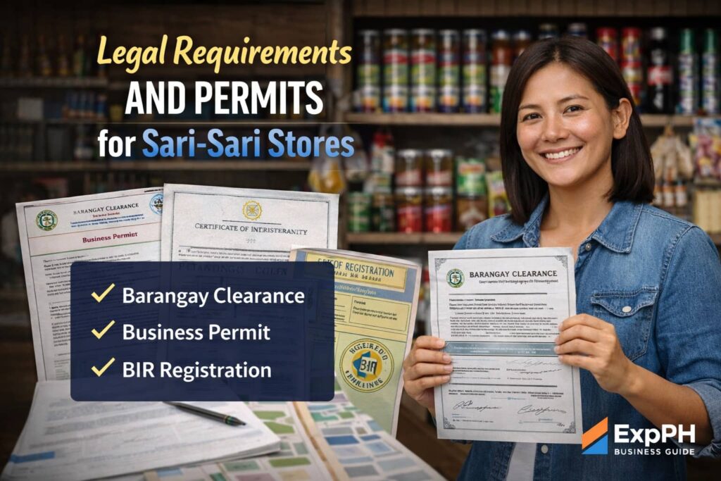 Filipino small business owner reviewing permits and documents with barangay clearance and business registration papers inside a sari-sari store setting