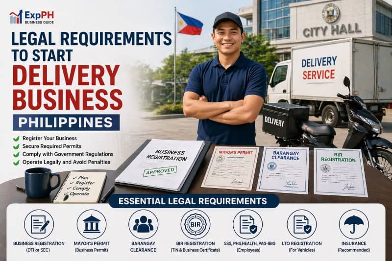Filipino delivery entrepreneur with business registration documents and permits in front of city hall in the Philippines
