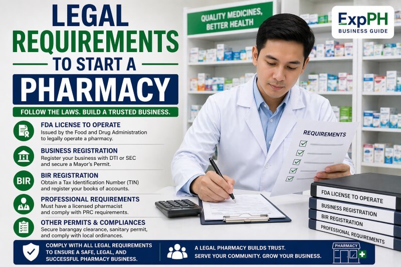 Filipino pharmacist reviewing documents in a pharmacy with checklist of legal requirements including FDA license, business registration, and permits with ExpPH Business Guide logo