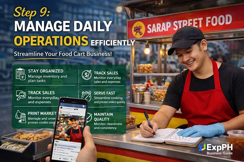 Food cart vendor managing daily operations with inventory tracking and sales monitoring in Philippines setting