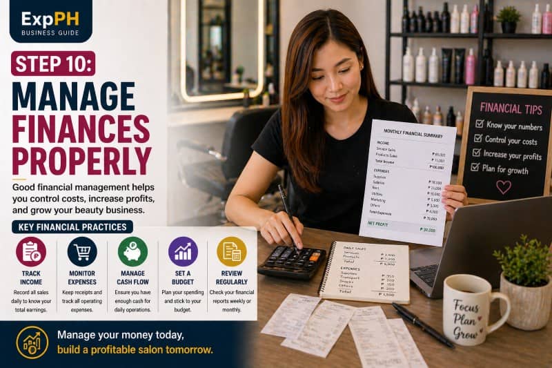 Salon owner in the Philippines tracking income and expenses using a laptop calculator and financial records inside a modern beauty salon