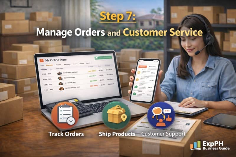Filipino online seller managing orders and customer support using laptop smartphone and packaging boxes