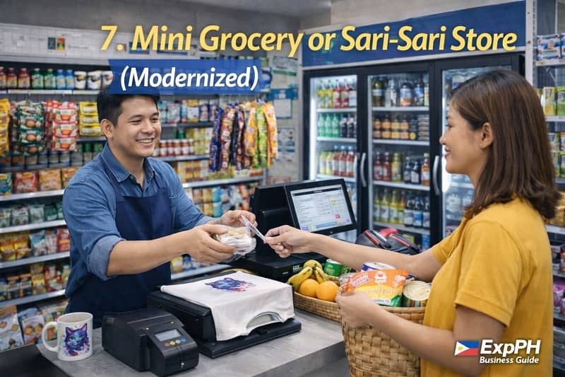 Modern Filipino sari sari store with POS system cashier and customer buying groceries in a mini grocery setup