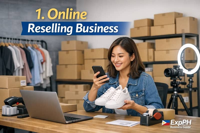 Filipina entrepreneur managing online reselling business with products, packaging boxes, and smartphone in a home-based setup