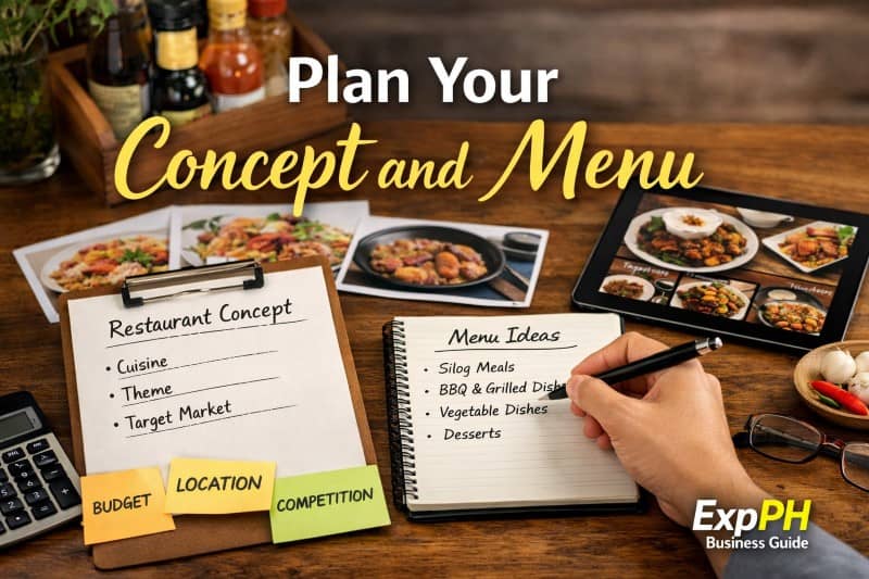 Planning a carinderia concept and menu in the Philippines with notes, Filipino dishes, and business materials on a table