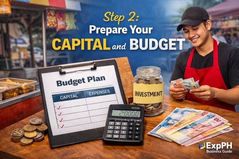 Filipino food cart vendor budgeting capital with calculator money and business plan in Philippines setting