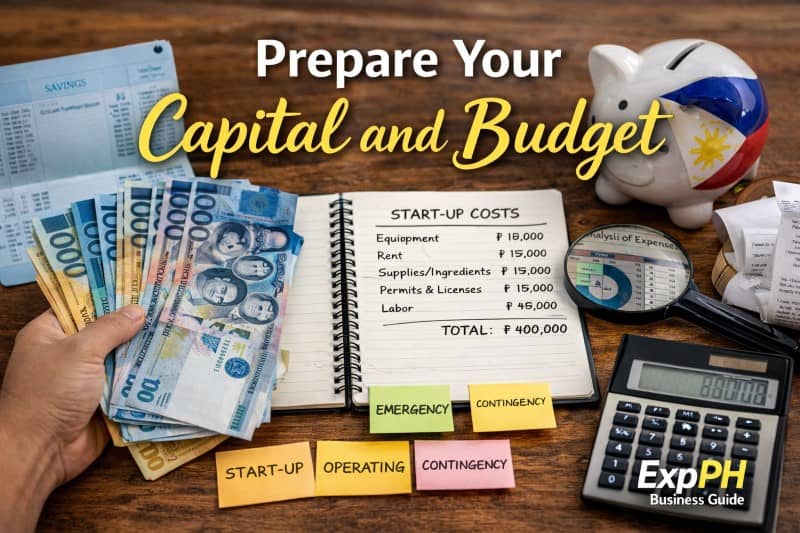 Filipino money, calculator, and budget notebook showing startup costs for a carinderia business in the Philippines