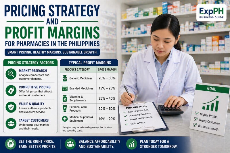 Filipino pharmacist calculating pricing and reviewing profit margins inside a pharmacy, showing pricing strategy and margins in the Philippines with ExpPH Business Guide logo