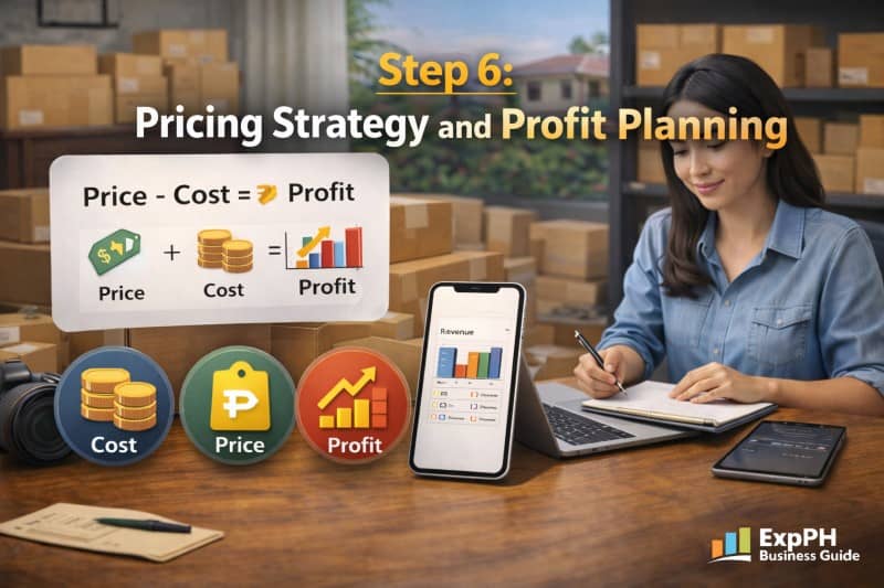 Filipino online seller calculating product pricing and profit using laptop calculator and sales charts