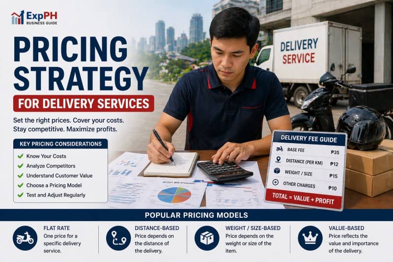 Filipino entrepreneur calculating delivery pricing strategy with calculator, documents, motorcycle, and delivery truck in the Philippines