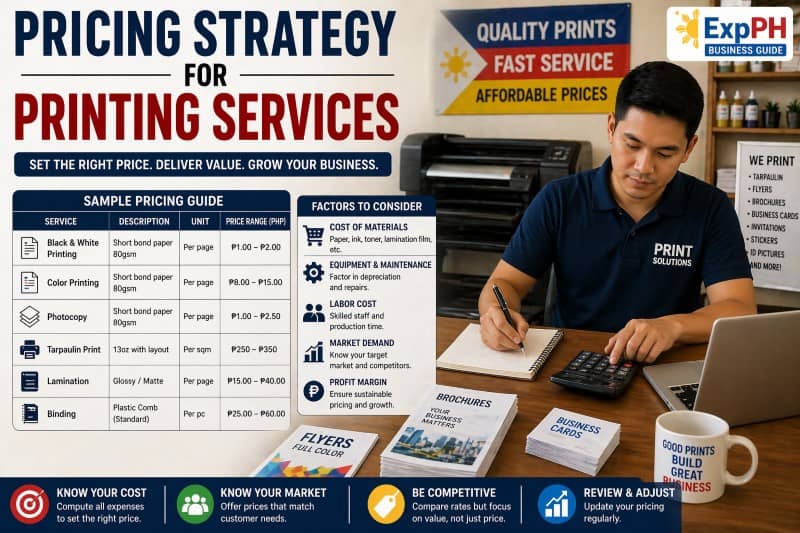 Printing service pricing strategy in the Philippines showing cost calculation, sample pricing list, and print shop setup with documents and tarpaulin services