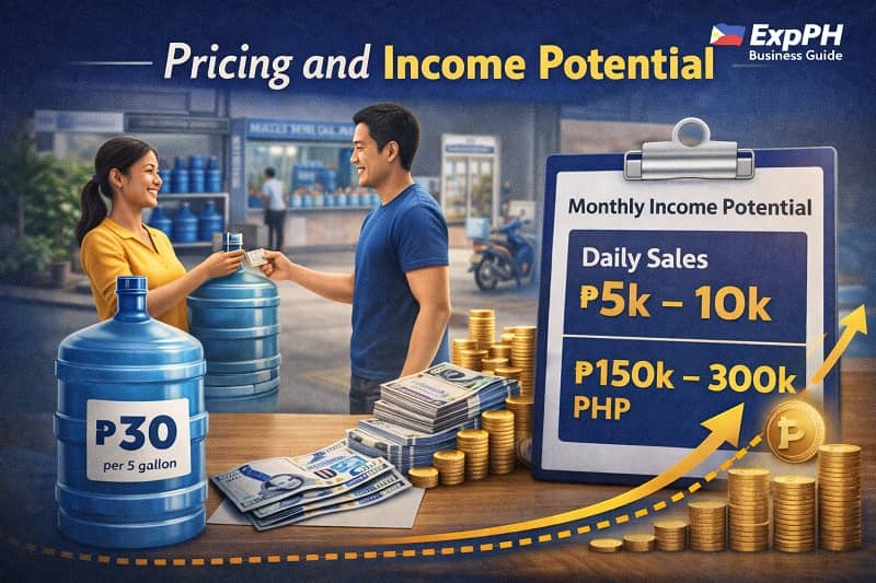 Water refilling station pricing and income potential in the Philippines showing daily sales, water container price, and profit estimates