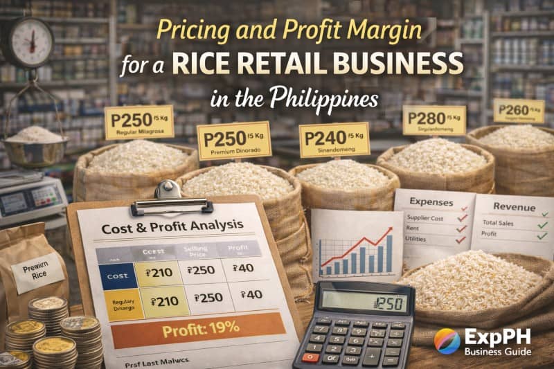 Rice sacks with price tags, calculator, and profit analysis sheet showing pricing and profit margin for a rice retail business in the Philippines