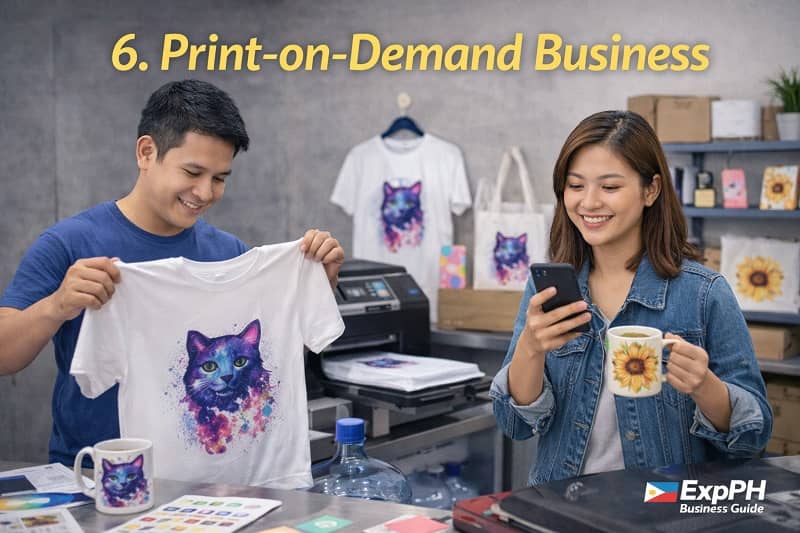 Filipino entrepreneur creating custom t-shirt designs using laptop and heat press machine in a print on demand business
