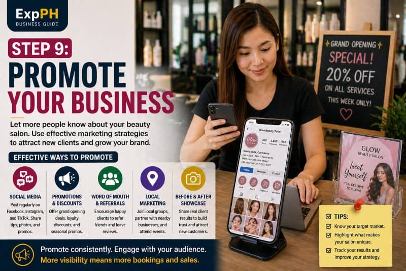 Salon owner in the Philippines promoting a beauty salon on social media using a smartphone and laptop inside a modern salon setting