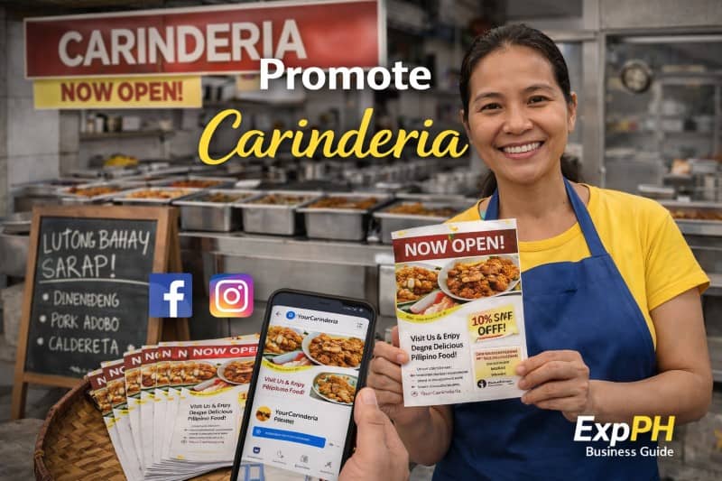 Carinderia owner promoting business with flyers and social media in a Philippine food stall setting