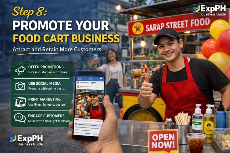 Food cart vendor promoting business using social media and signage in Philippines street setting