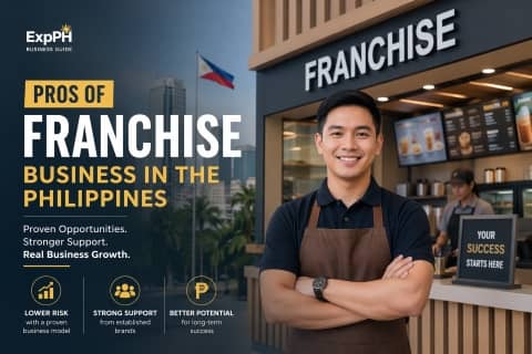 Filipino entrepreneurs standing in front of a franchise shop highlighting the pros of franchise business in the Philippines with ExpPH Business Guide branding