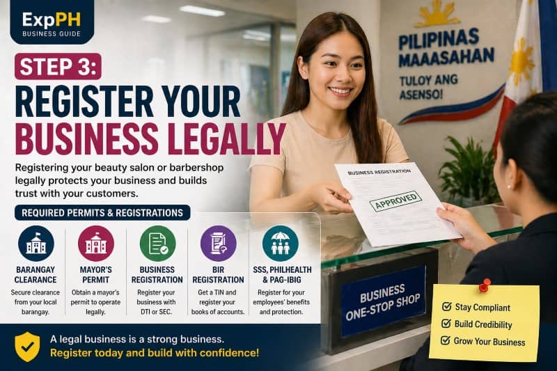 Filipino entrepreneur submitting business registration documents at a government office for a beauty salon or barbershop in the Philippines