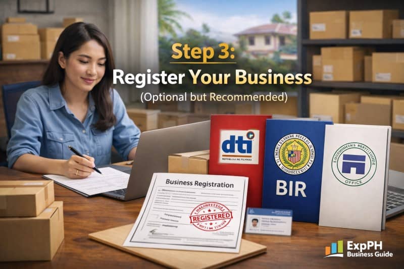 Filipino entrepreneur registering business with DTI and BIR documents for online selling business Philippines
