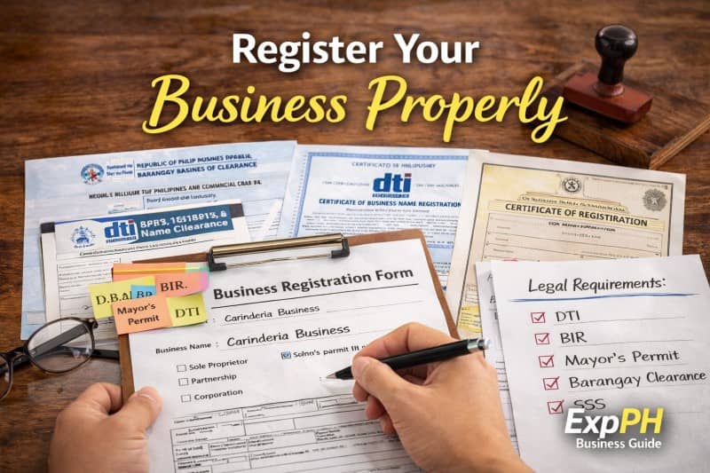 Filling out business registration forms with DTI, BIR, and mayor’s permit documents for a carinderia in the Philippines