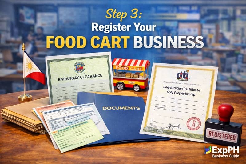 Food cart business registration documents including DTI permit barangay clearance and business certificate in Philippines setting