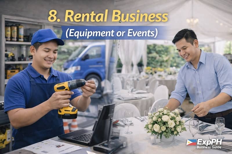 Filipino entrepreneur managing equipment rental and event setup with tools and decorated venue setup