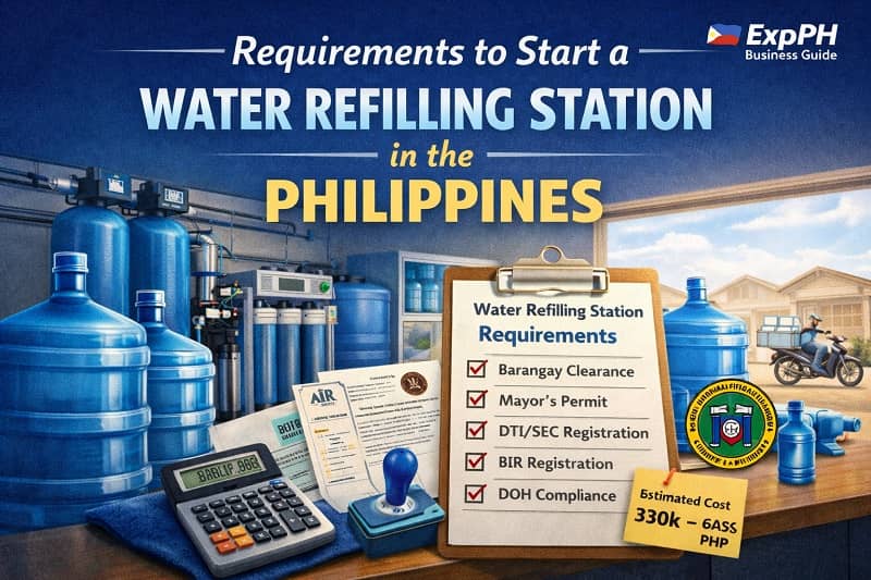 Water refilling station requirements in the Philippines showing permits, filtration equipment, and business documents