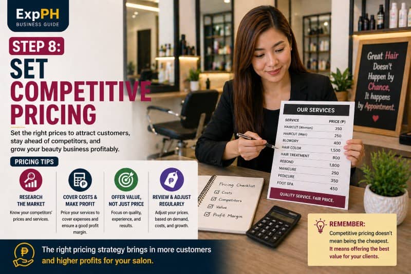 Salon owner in the Philippines reviewing service pricing list with hairstyling services and price board inside a modern beauty salon