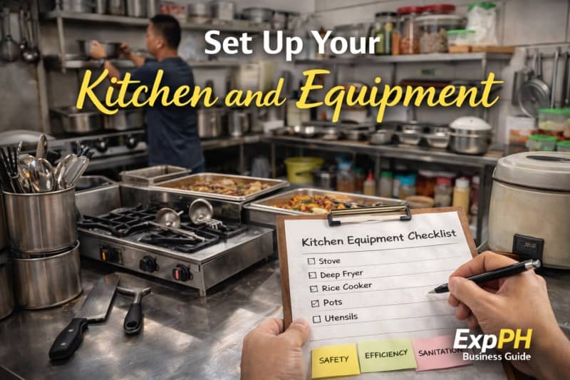 Carinderia kitchen setup in the Philippines with cooking equipment, utensils, and food preparation area