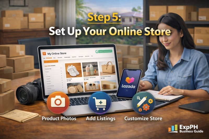 Filipino entrepreneur setting up online store using laptop with product listings and e commerce platforms