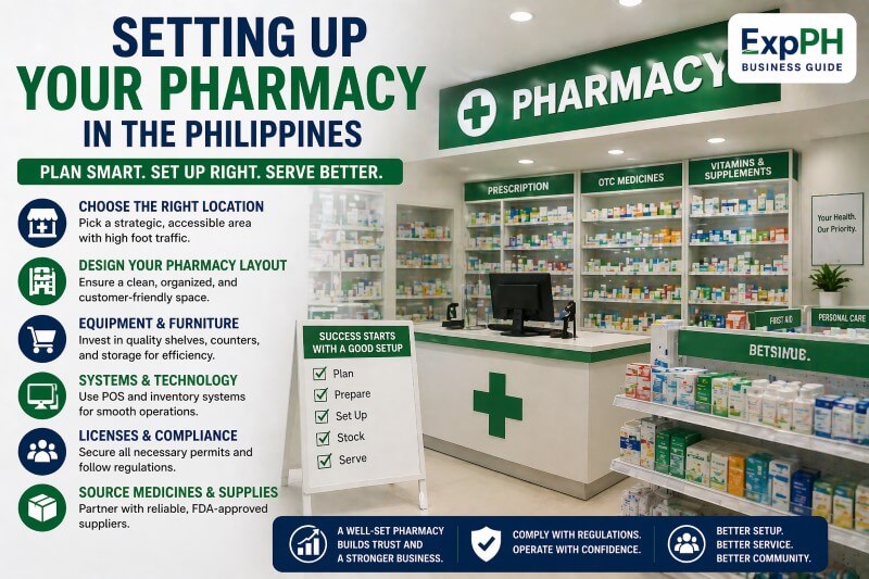 Modern pharmacy interior in the Philippines with organized shelves, counter, and setup checklist, featuring guidance on setting up a pharmacy with ExpPH Business Guide logo