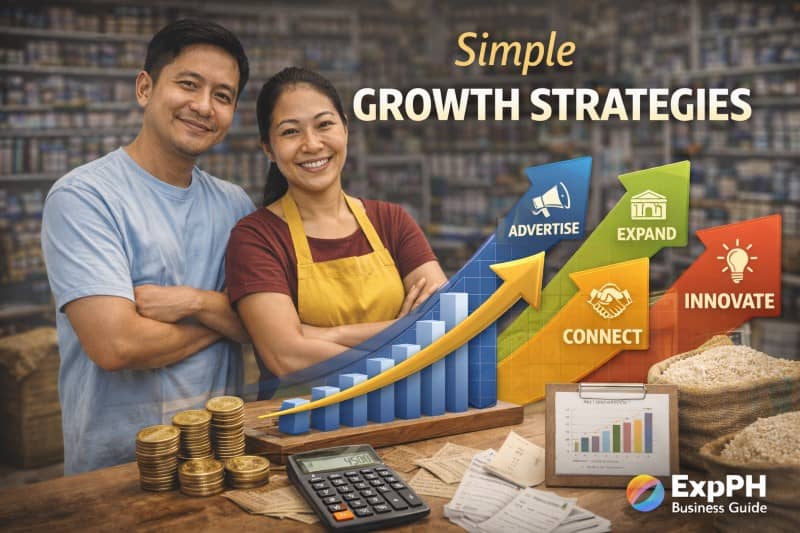 Filipino rice business owners planning growth strategies with rice sacks, delivery setup, and sales tools in a rice retail store