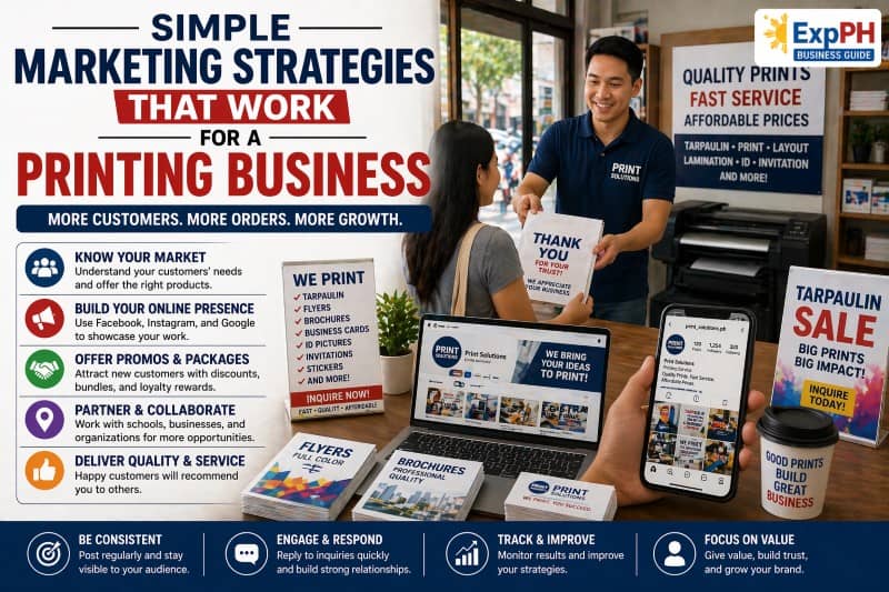 Printing business marketing strategies in the Philippines showing social media promotion, flyers, tarpaulin ads, and customer interaction in a print shop