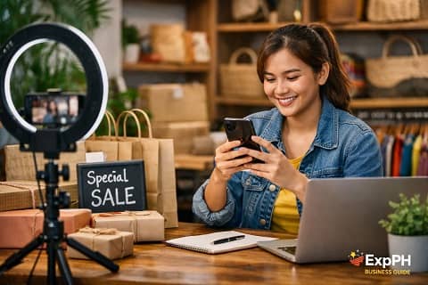Filipina small business owner using Simple Marketing Strategies That Work with smartphone and ring light in a local shop Philippines