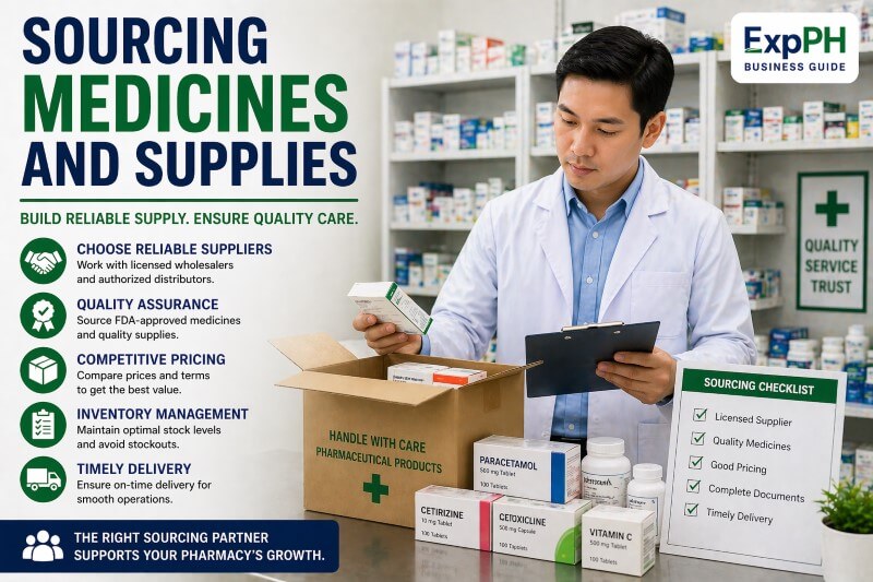 Pharmacist checking medicine inventory and supplier boxes inside a pharmacy, representing sourcing medicines and supplies in the Philippines with ExpPH Business Guide logo