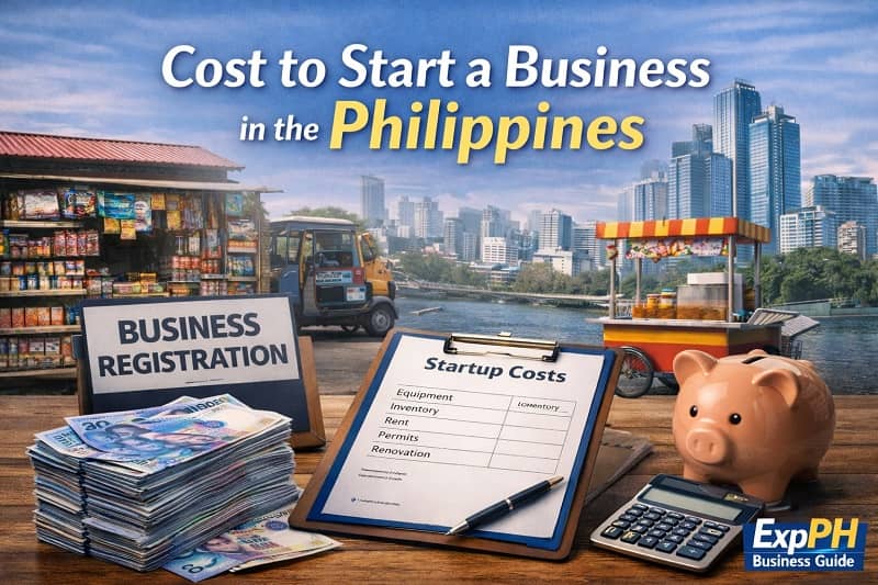 Cost to start a business in the Philippines showing startup cost checklist, Philippine peso money, calculator, piggy bank, and small local businesses like sari-sari store and food cart