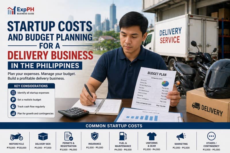 Filipino entrepreneur planning delivery business budget with documents, calculator, motorcycle, and delivery truck in the Philippines