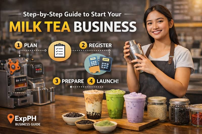 Filipina milk tea shop owner preparing drinks with equipment and step-by-step business process visuals