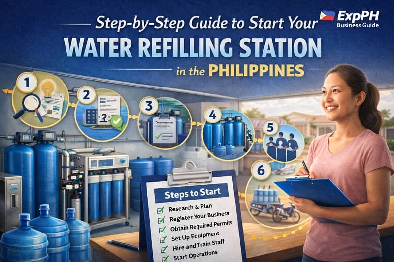 Step-by-step guide to starting a water refilling station in the Philippines showing equipment, checklist, and business setup