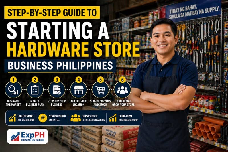 Filipino hardware store owner inside a fully stocked hardware shop with tools and materials, showing a step-by-step guide to starting a hardware store business in the Philippines