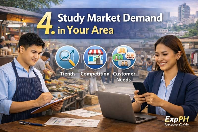 Filipino entrepreneurs studying market demand in a local Philippine market using research and mobile tools